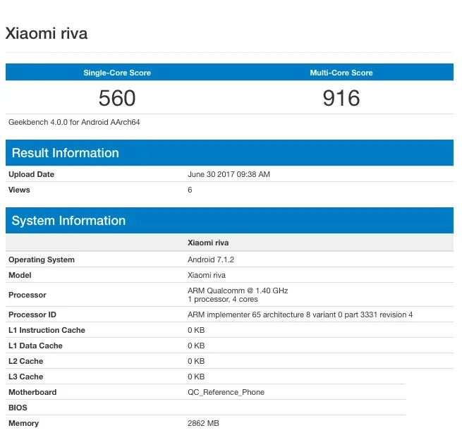 小米Riva在Geekbench被曝光，揭示入门级规格